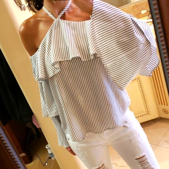 Express Tops - Express flouncy striped cold-shoulder blouse, XS